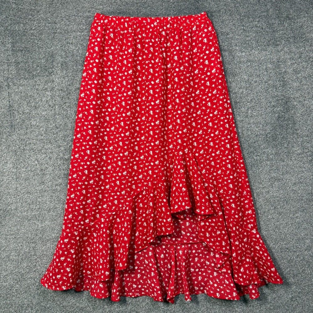 Max Studio Skirt Small Red Floral Ruffle High Low Midi